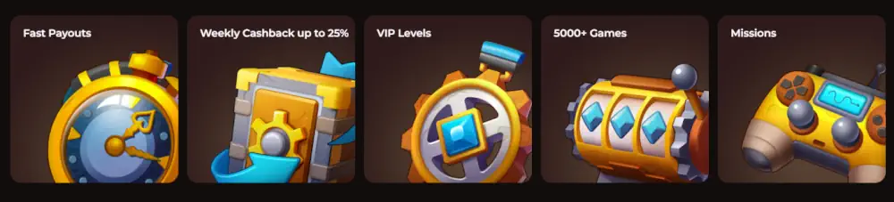 Vinci Spin platform highlights including fast payouts, weekly cashback, and VIP levels